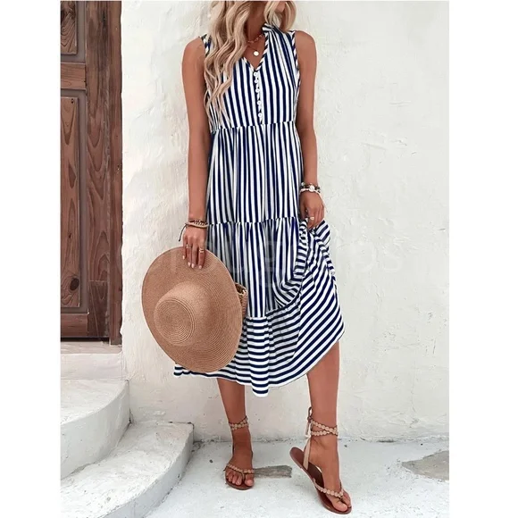 Striped Blue White V-Neck Midi Dress Sleeveless Flared Ruffle Hem A-line - Picture 5 of 8
